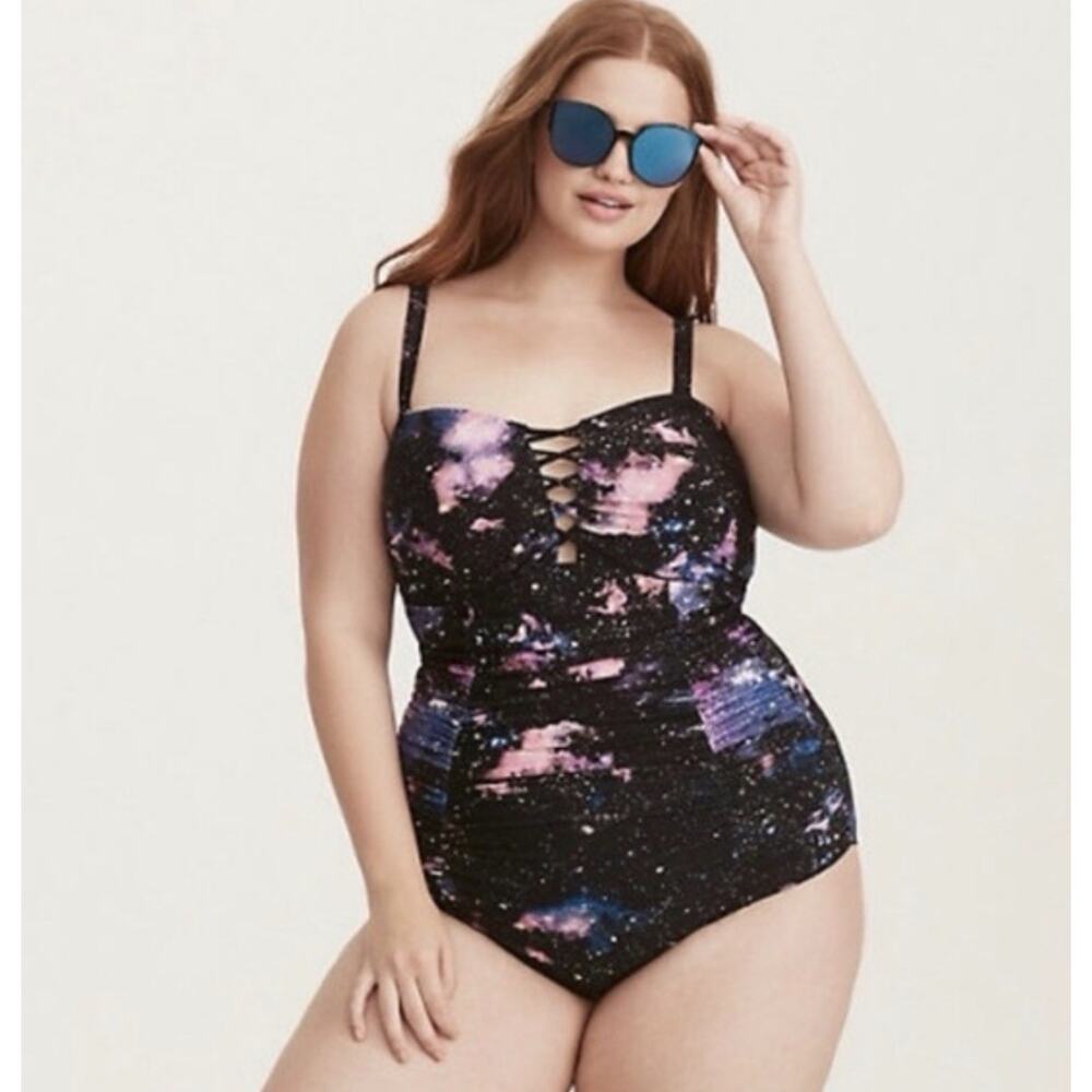 torrid Black Galaxy Lace-Up One-Piece Swimsuit with Pink & Blue Accents
